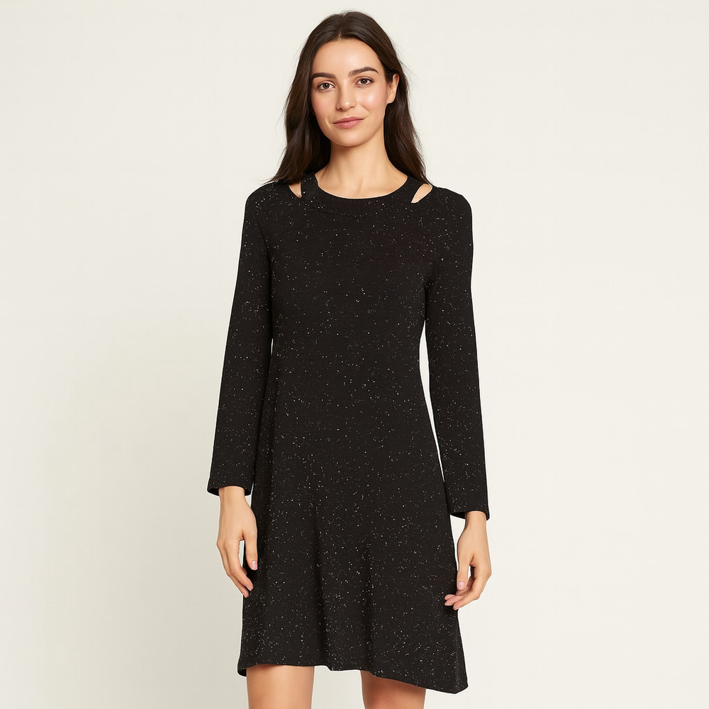 LOFT Petite Small Black White Speckled Cold Shoulder Long Sleeve Dress